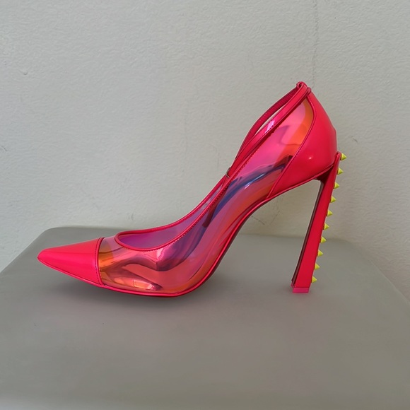 Christian Louboutin hot pink iridescent pump with neon yellow studs. - Picture 9 of 13